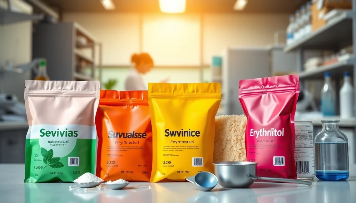 Industrieller Süßstoff Produkte in einem modernen Labor mit knalligen Farben und klarer Beschriftung.