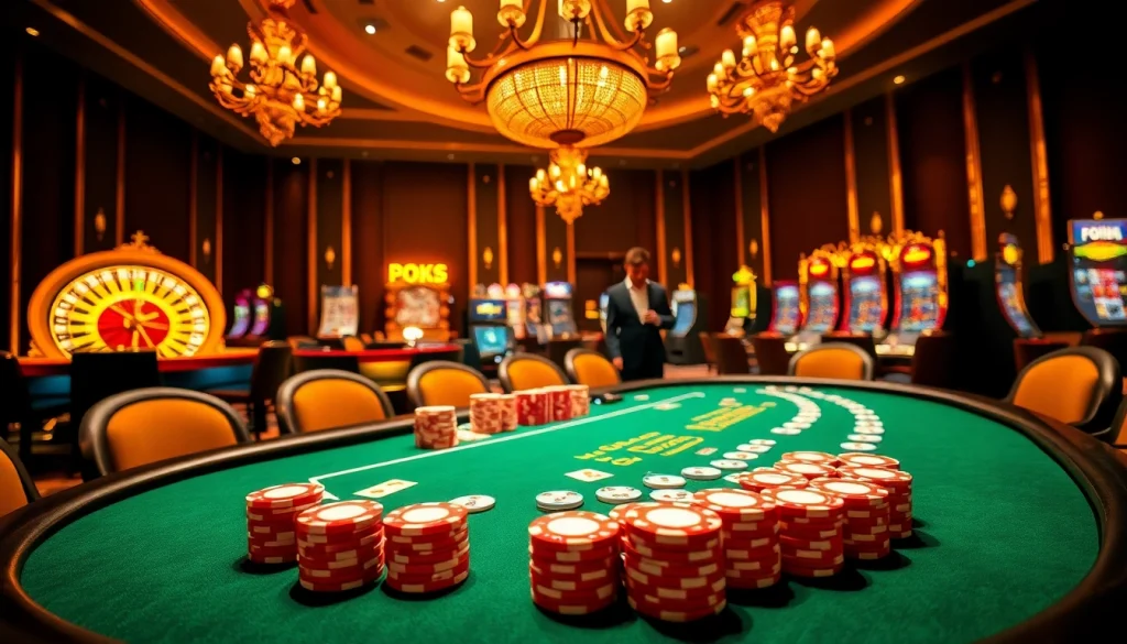 A thrilling casino scene with professionals at a poker table on rr88 com, featuring vibrant chips and luxury elements.