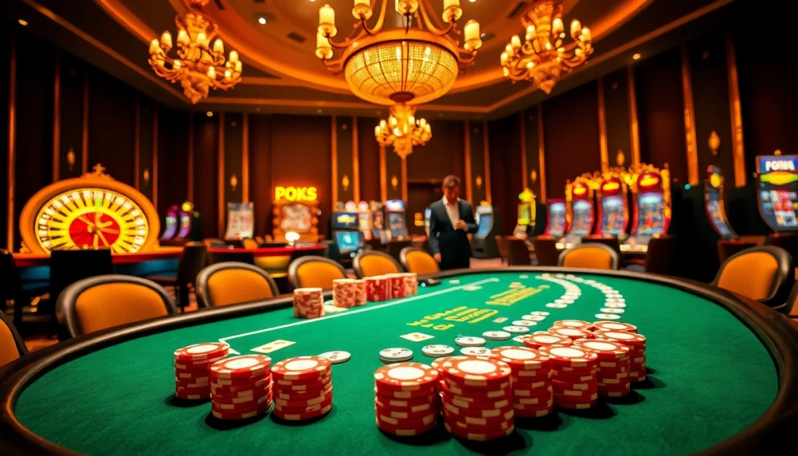A thrilling casino scene with professionals at a poker table on rr88 com, featuring vibrant chips and luxury elements.