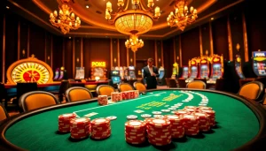 A thrilling casino scene with professionals at a poker table on rr88 com, featuring vibrant chips and luxury elements.