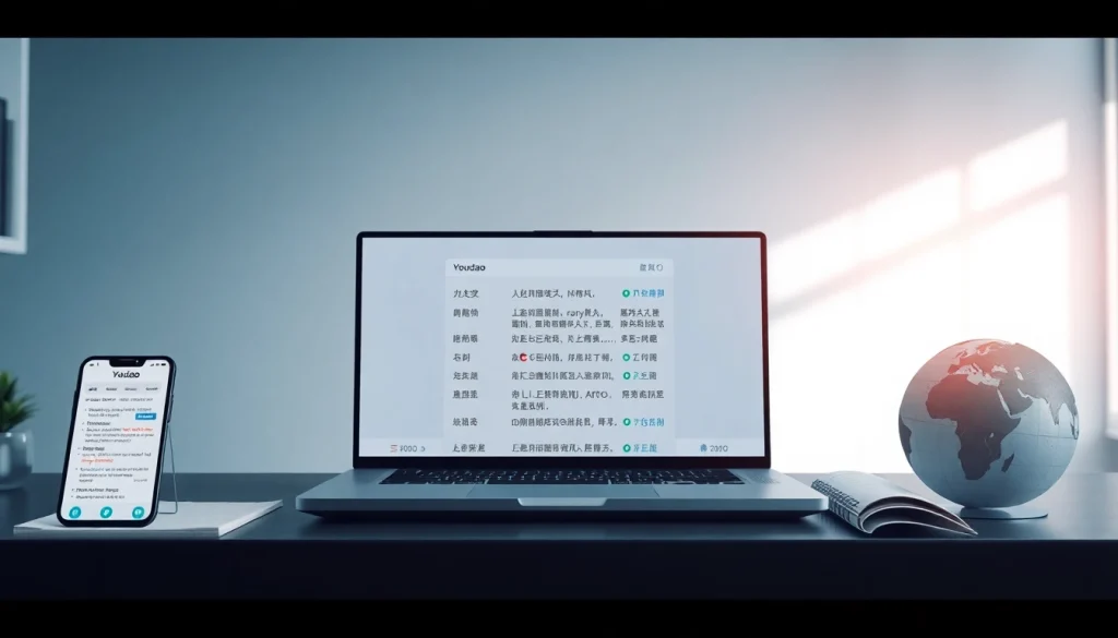 Youdao translation interface showcased in a modern workspace, empowering global communication.