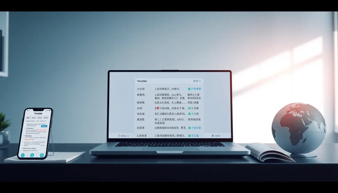 Youdao translation interface showcased in a modern workspace, empowering global communication.