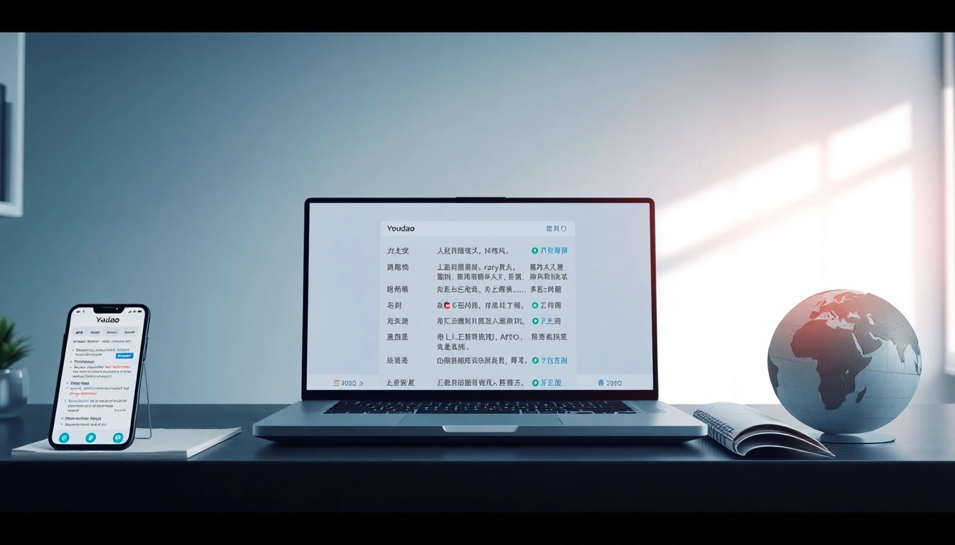 Youdao translation interface showcased in a modern workspace, empowering global communication.