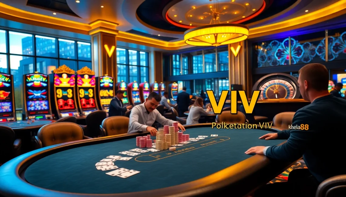 Khela88 VIP players enjoy high-stakes poker surrounded by dazzling slot machines in a luxurious casino.