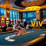 Khela88 VIP players enjoy high-stakes poker surrounded by dazzling slot machines in a luxurious casino.