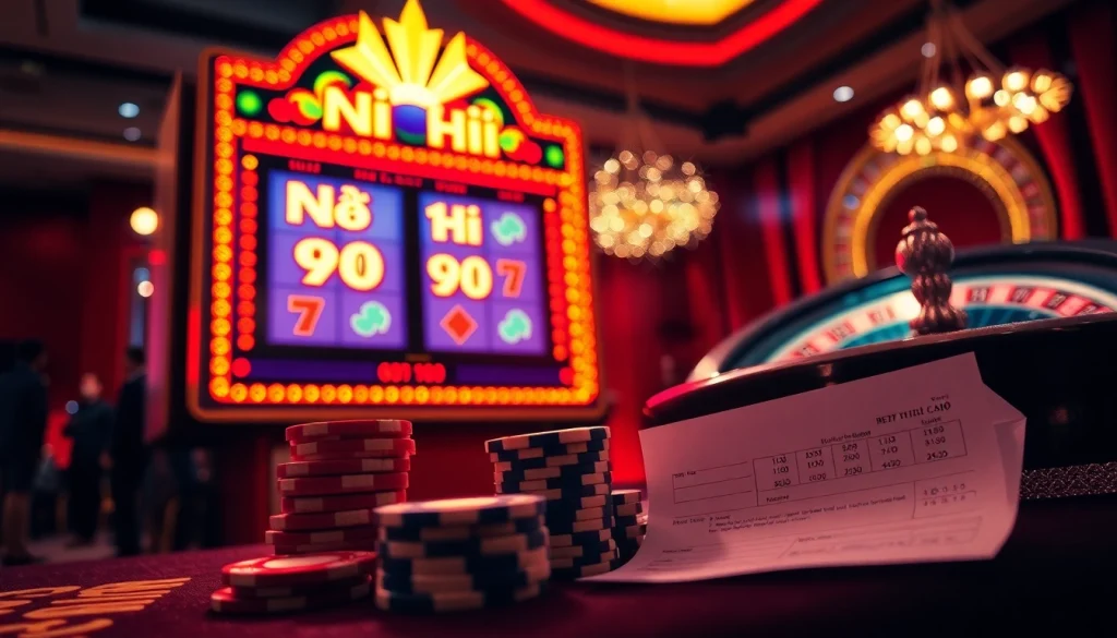Nổ hủ 90 slot machine illuminated in a luxurious casino ambiance, highlighting exciting gambling elements.