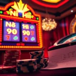 Nổ hủ 90 slot machine illuminated in a luxurious casino ambiance, highlighting exciting gambling elements.