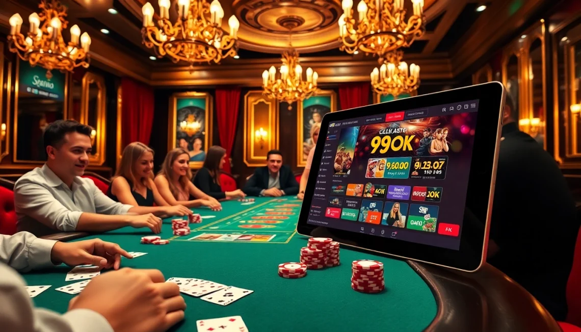 Gamblers enjoying a vibrant poker game at 99OK casino with colorful chips and cards.