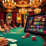 Gamblers enjoying a vibrant poker game at 99OK casino with colorful chips and cards.