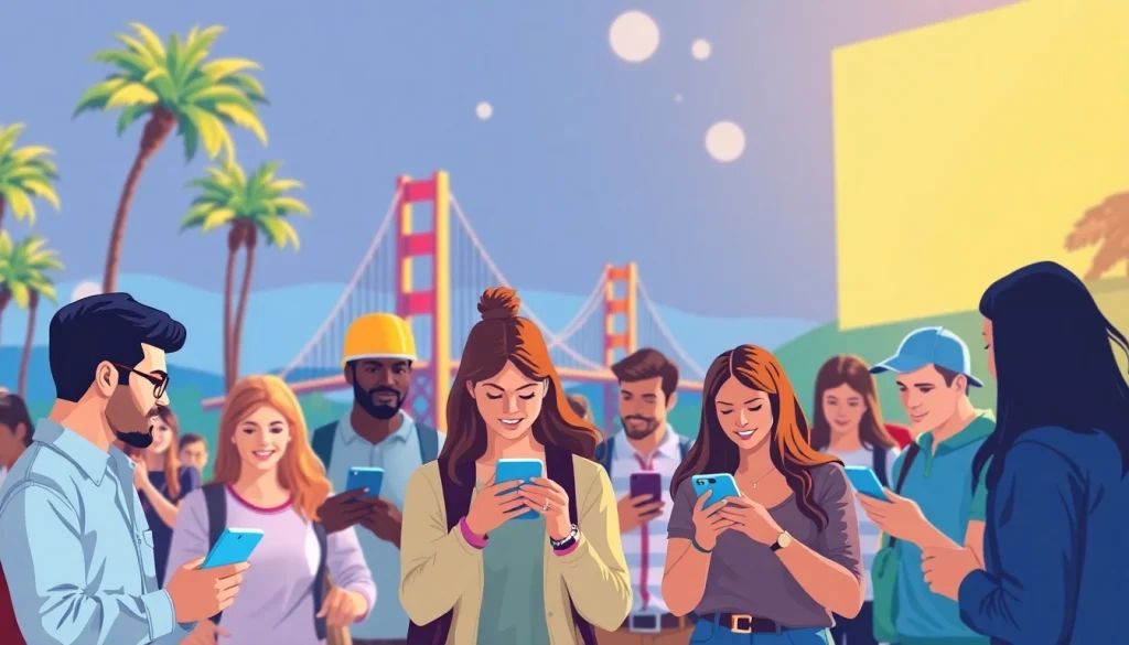 Bettors engaged in online sports betting California amidst California landmarks.