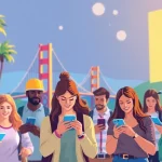 Bettors engaged in online sports betting California amidst California landmarks.