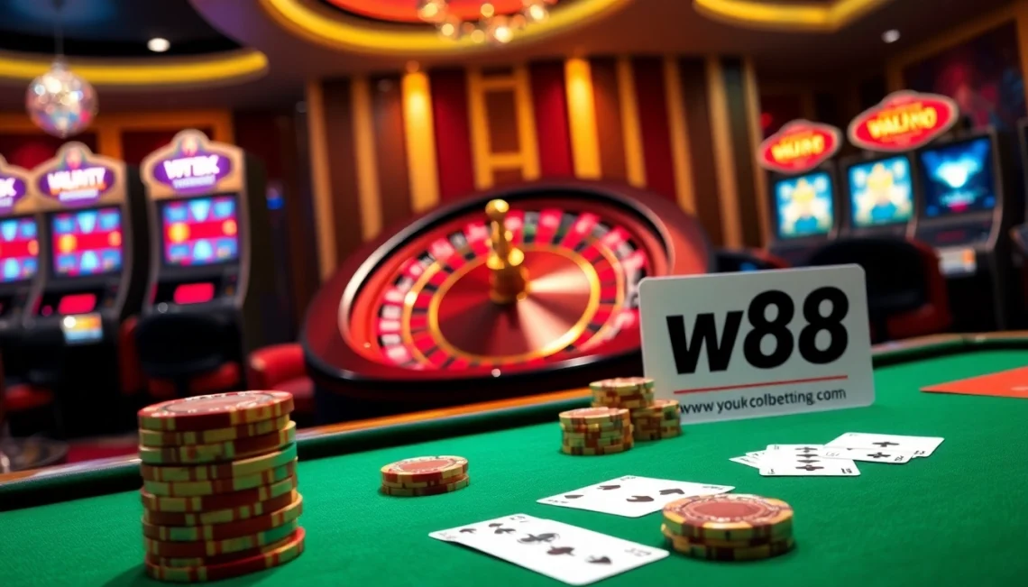 Experience the thrill of w88 link with vibrant casino visuals, including poker chips and roulette wheels.