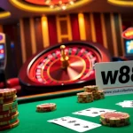Experience the thrill of w88 link with vibrant casino visuals, including poker chips and roulette wheels.