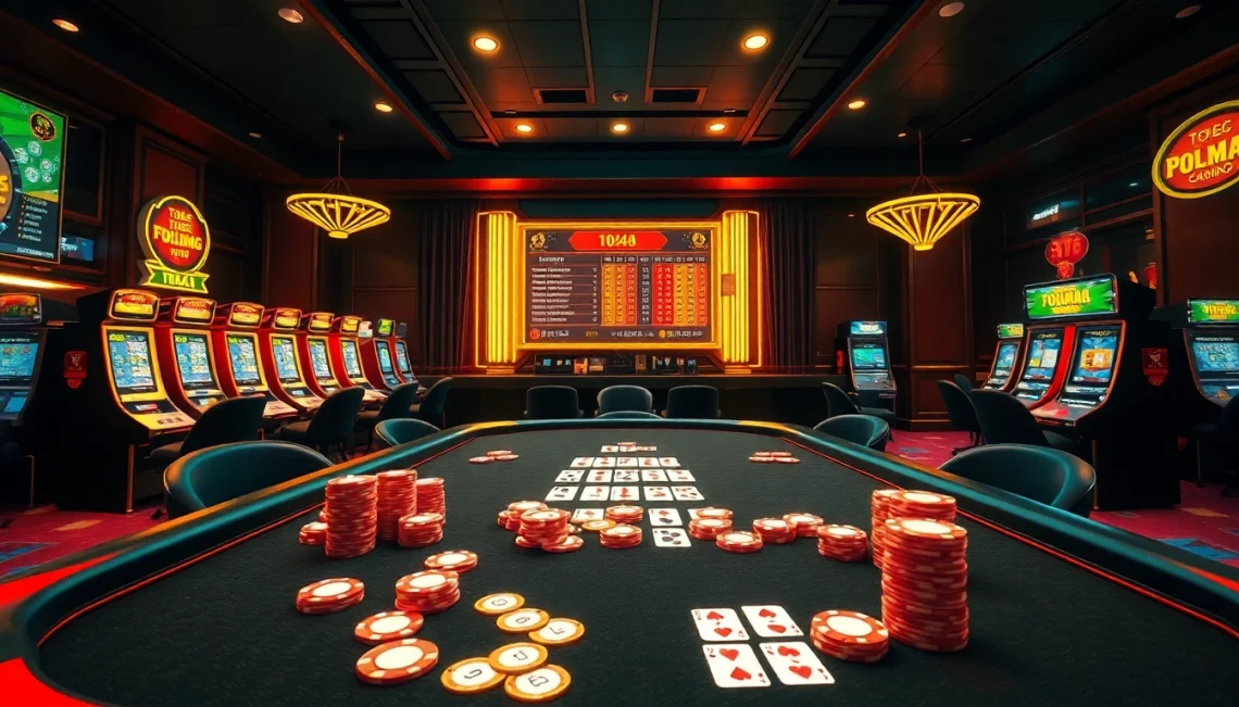 Mengajak pemain bermain game togel sumo di lingkungan kasino mewah dengan warna-warna cerah yang hidup.