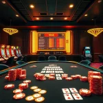 Mengajak pemain bermain game togel sumo di lingkungan kasino mewah dengan warna-warna cerah yang hidup.