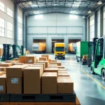 Logistics operations efficiently managing goods in a vibrant warehouse setting.