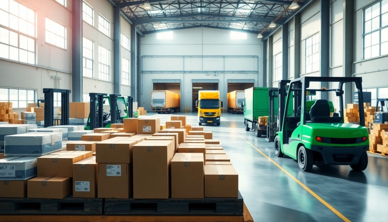 Logistics operations efficiently managing goods in a vibrant warehouse setting.