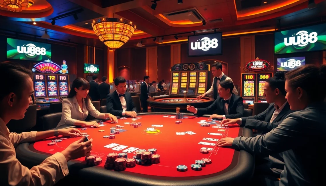 Experience exciting gameplay at uu88's vibrant casino with poker tables and slot machines.