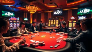 Experience exciting gameplay at uu88's vibrant casino with poker tables and slot machines.