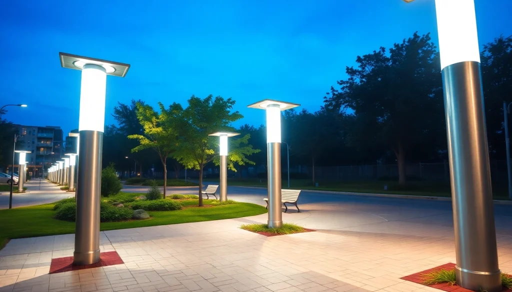Illuminated solar street light enhancing urban landscape at dusk