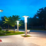 Illuminated solar street light enhancing urban landscape at dusk