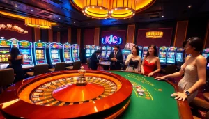Exciting KJC-themed casino gaming room with roulette and poker action.