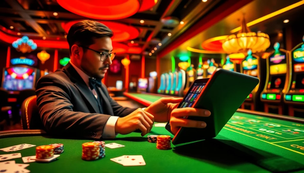 Play your favorite games at Phlaro with elegant casino tables, vibrant slot machines, and a gamer using a tablet.