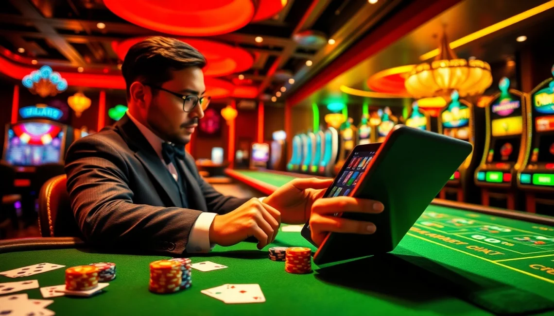 Play your favorite games at Phlaro with elegant casino tables, vibrant slot machines, and a gamer using a tablet.