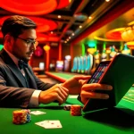Play your favorite games at Phlaro with elegant casino tables, vibrant slot machines, and a gamer using a tablet.