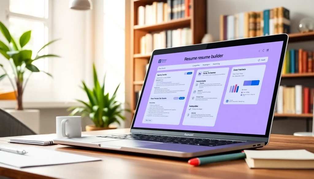 Create a resume easily with the Resume Builder interface showcased in a cozy office setting.