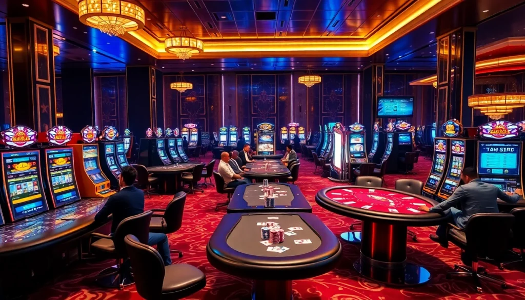 A thrilling casino experience at cair33bdg.com featuring vibrant tables, slot machines, and engaged players.