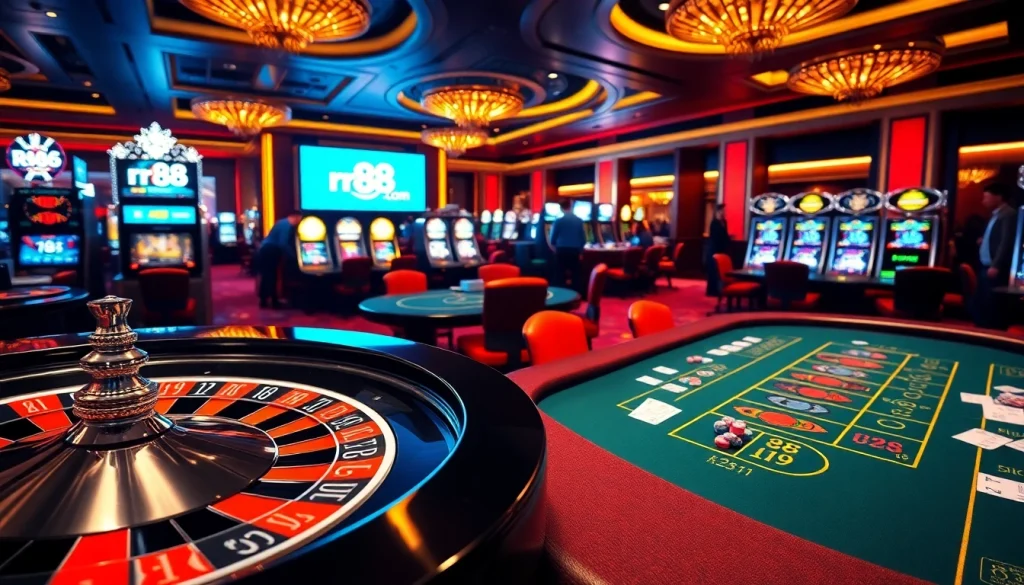 Exciting casino gaming scene, showcasing rr88 com roulette and blackjack tables with colorful poker chips.