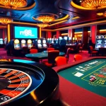 Exciting casino gaming scene, showcasing rr88 com roulette and blackjack tables with colorful poker chips.