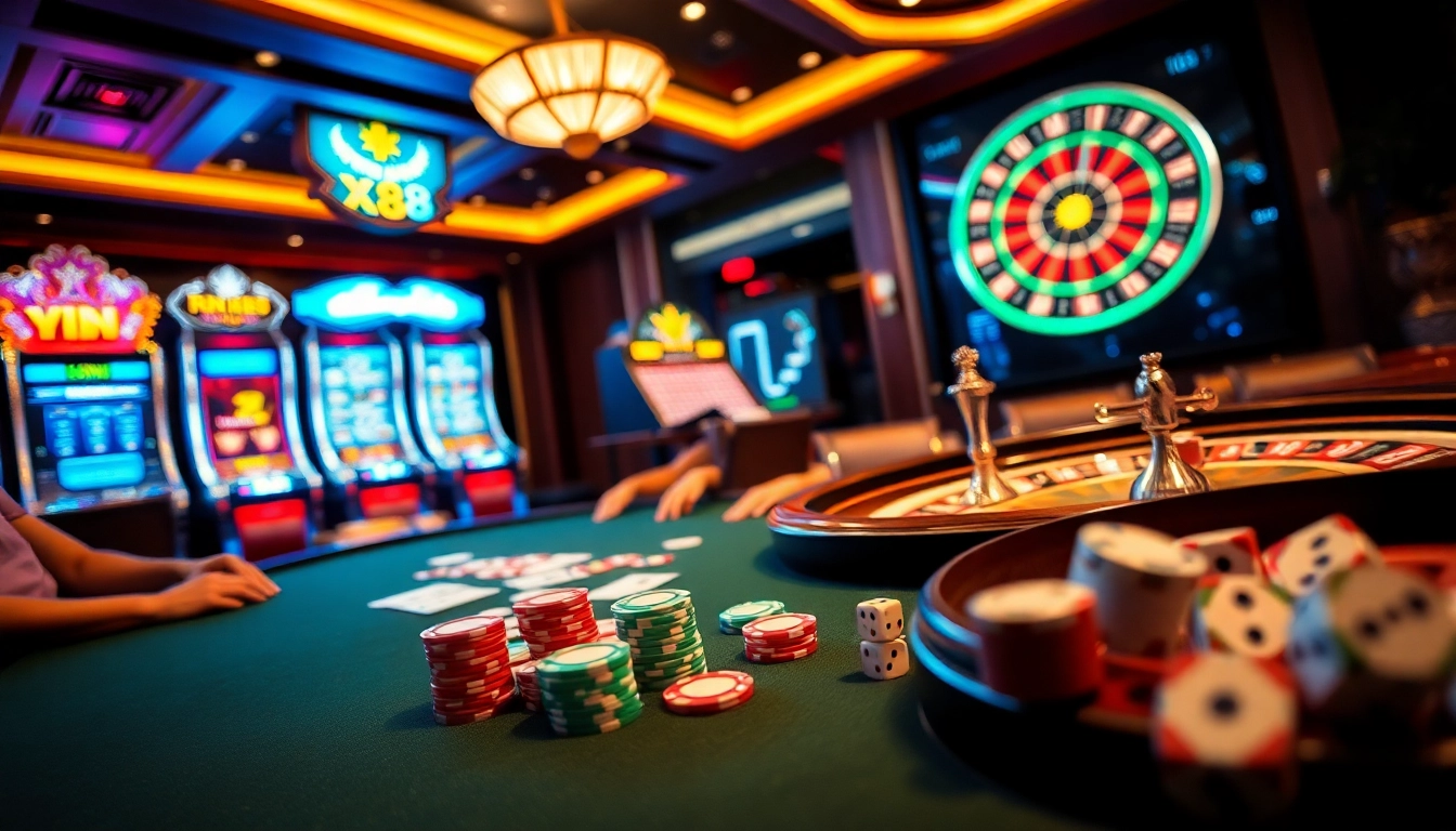 Experience thrilling poker action at XN88 with vibrant chips and an elegant casino atmosphere.