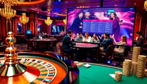 Engaged players strategizing at a glamorous casino featuring https://shbet800.com's online interface.