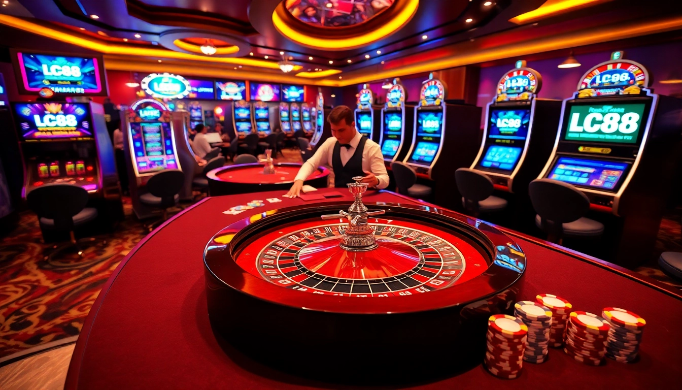 Players enjoying exciting casino games at LC 88 with vibrant slot machines and poker tables.