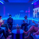 Engaged individuals exploring sex ai chat with friendly AI chatbots in a cozy digital lounge.