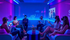Engaged individuals exploring sex ai chat with friendly AI chatbots in a cozy digital lounge.