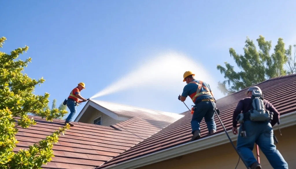 Roof cleaning process using soft wash techniques to remove mold and algae from a residential property in Kissimmee, FL.