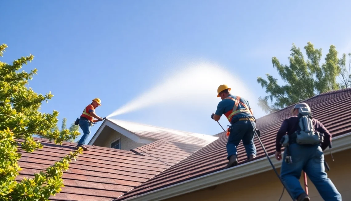 Roof cleaning process using soft wash techniques to remove mold and algae from a residential property in Kissimmee, FL.