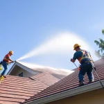 Roof cleaning process using soft wash techniques to remove mold and algae from a residential property in Kissimmee, FL.