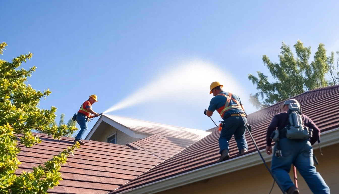 Roof cleaning process using soft wash techniques to remove mold and algae from a residential property in Kissimmee, FL.