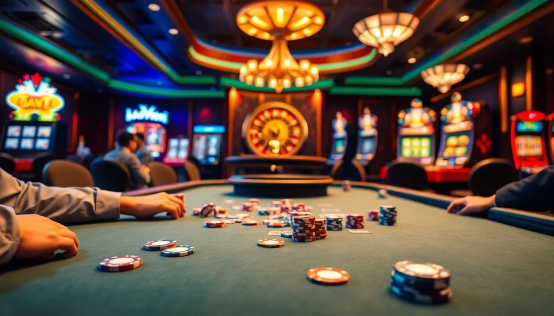 Kuwin đăng nhập to vibrant casino tables with players, chips, and roulette wheels in action.