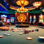 Kuwin đăng nhập to vibrant casino tables with players, chips, and roulette wheels in action.