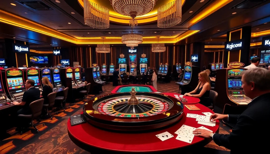 Experience the thrill of Kjc onl at a vibrant casino, complete with roulette, cards, and excited players.