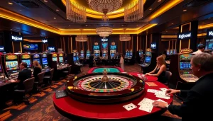 Experience the thrill of Kjc onl at a vibrant casino, complete with roulette, cards, and excited players.