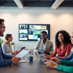 Dynamic collaboration scene featuring teams电脑版 in a modern office setting.