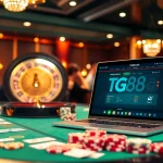 Engage with tg88 com at a vibrant casino table filled with poker chips and a roulette wheel.