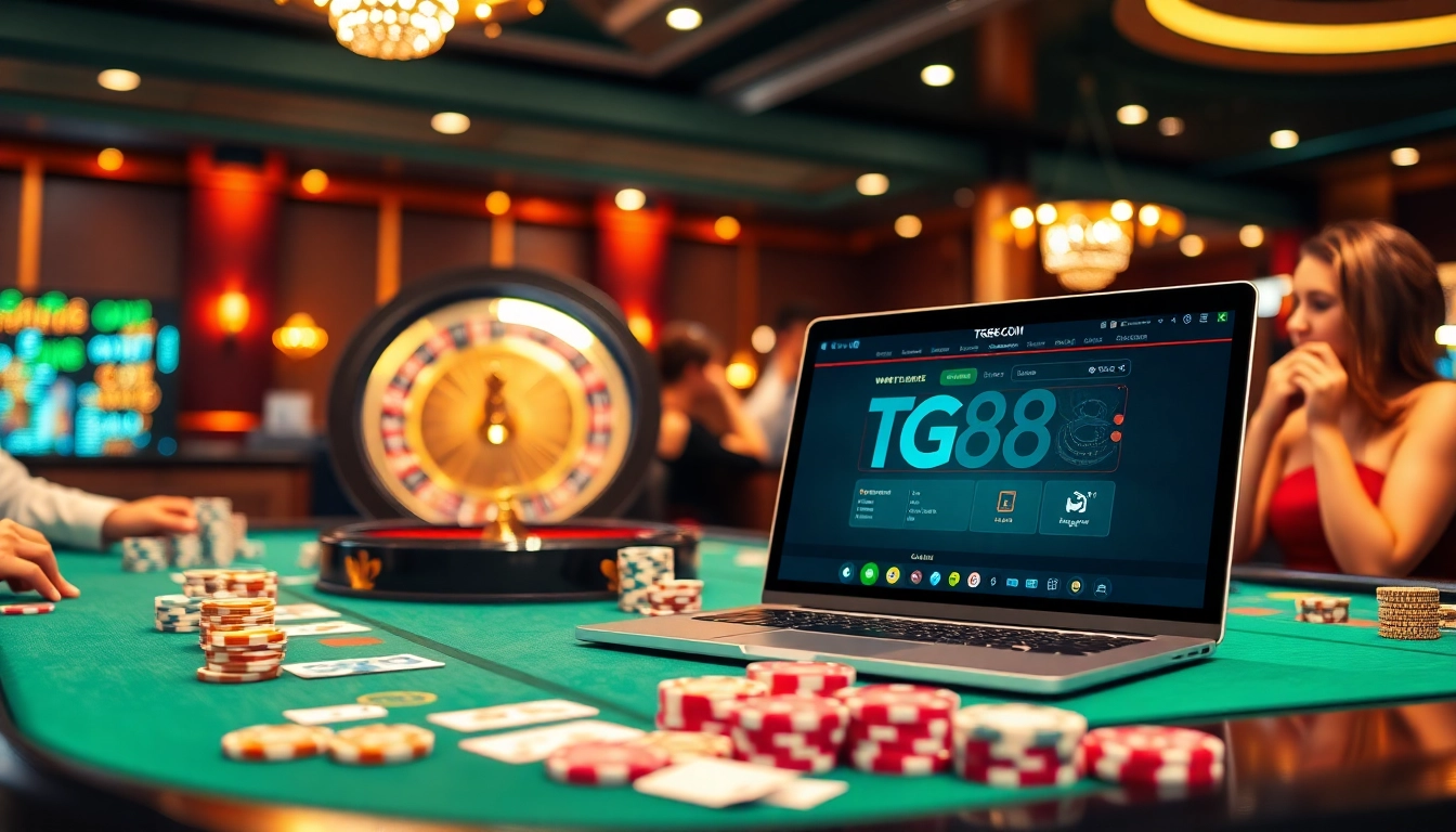 Engage with tg88 com at a vibrant casino table filled with poker chips and a roulette wheel.
