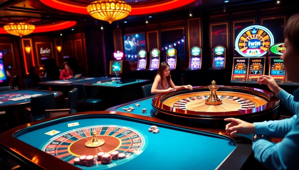 Iwin club celebrates excitement and luxury at a vibrant casino table with players engaging in thrilling games.